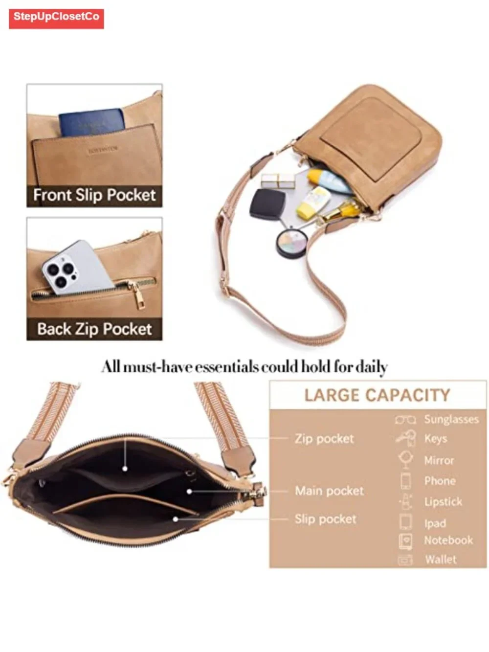 Women's Vegan Leather Crossbody Hobo Bag with Guitar Strap & Multiple Pockets